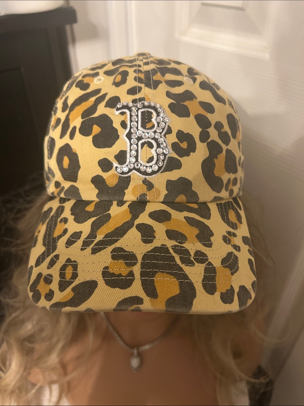 Woman’s Leopard Print Baseball Cap with Rhinestone 'B' Accent - Yellow